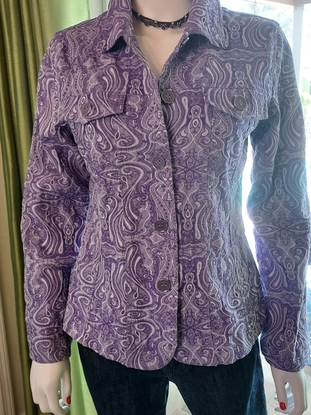Analog Purple Cotton Stretch Tapestry Jean Jacket w Enamel Button Front. Sz. L